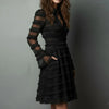 Sexy Sheer Mesh Fringe Trim Mini Dress Woman Spring V Neck Ruffles Pleated Party Dresses Autumn Long Sleeve Ruched Bodycon Dress