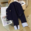 Navy Blue Short Jacket for Women Striped Patchwork Long Sleeve Coat Woman Spring Autumn French Gold Button Tweed Jacket