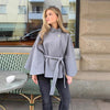 Autumn Elegant Coat Femme Lace Up Slim Woolen Coats Tops Street Casual Solid Turtleneck Jacket Women