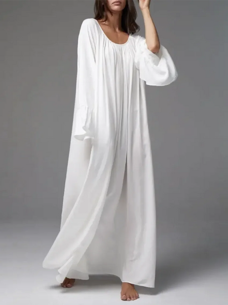 Parc Fee Casual Loose White Women Dress Elegant U-Neck Long Sleeve Floor-Length Dresses Simple Oversize Solid Female Dress