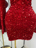 Special Occassion Dress Women Red Sparkly Sequines Long Sleeve Turtleneck Drapped Asymmetric Bodycon Mini Birthday Evening Dress