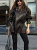 Drawstring Waist Brown Textured PU Leather Jacket Women High Neck Asymmetric Zip Button Detail Oversized Full Streetwear