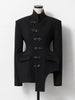 Women Black Blazer Stand Collar Metal Buckle V-Neck Hollow Waist Slim Fit Party Long Suit Jacket
