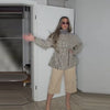 Casual Grid Drawstring Loose Coat Women Stand Collar Button Waist-Closed Female Jacket Spring Lady Street Outwears Chic