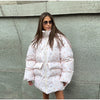 Women's Oversized Quilted Jacket With Hooded Stand Collar Long Sleeve Zipper Pocket Coat Lady Warm Winter Outerwear
