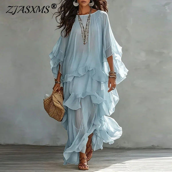 Vintage Solid Tiered Ruffle Mesh Dress Women Crew Neck Loose Batwing Sleeve Sheer Maxi Dress Elegant Holiday Travel Casual Dress