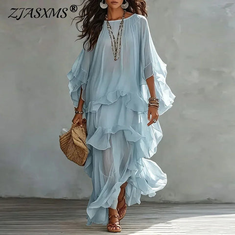 Vintage Solid Tiered Ruffle Mesh Dress Women Crew Neck Loose Batwing Sleeve Sheer Maxi Dress Elegant Holiday Travel Casual Dress