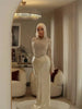 Off Shoulder Lace Satin Maxi Dress Women Elegant Long Sleeve Ruched Bodycon Mermaid Evening Club Party Formal Dress