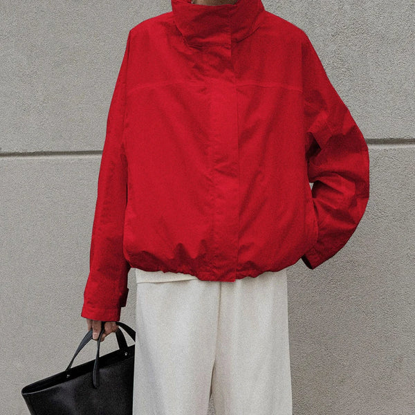 Street Chic Red Turtleneck Zipper Jackets Autumn Casual Long Sleeve Outerwear Coats For Woman Tops Female