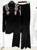 High Street Designer Suit Women Beaded Diamonds Stand Collar Single Button Blazer Wide-leg Pants Set 2PCS