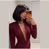 Sexy Burgundy Deep V-neck Mini Dress Women Elegant Full Sleeve Shoulder Pads Pleated Slim Short Dresses Lady Evening Party Gowns