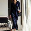 Autumn Casual Sashes Long Dresses Women Long Sleeve Slim V-neck Lace Up Maxi Dress Elegant
