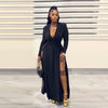 Plus Size Women Full Sleeve Evening Dresses Classic V-neck Maxi Vestidos Night Club Split Party Long Dress