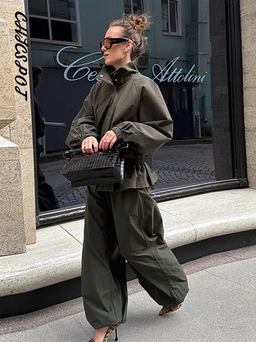 Women's Trousers 2 Pcs Sets Stand Collar Long Sleeve Single Breasted Pleated Ruffles Coats Lantern Pants Autumn Lady Outfits