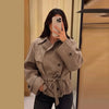 Women's Plaid Belt Short Jacket Loose Lapel Long Sleeve Lace Up Double Breasted Coats Autumn Lady Chic Jackets