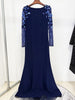 High Street Designer Women's Spliced Mesh Diamonds Beaded Long Sleeved Floor Length Maxi Long Dress