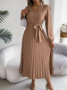 Spring Autumn Elegant Buttons V Neck Lantern Long Sleeve Lace Up Pleated Dress Khaki Blue Red Green Black Women Dresses