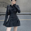 Houzhou Black Shirt Dress Women Elegant Vintage Long Sleeve Dresses Sexy Gothic Pleated Streetwear Turn-down Collar Casual Robe
