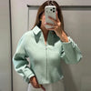 Cropped Tweed Jacket Women's Jacket Demi-Season Zip-Up Long Sleeve Top Mint Green Textured Outerwear Streetwear Coats