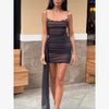 Women Black Mesh Ruched Trailing Strap Dress Glam Square Neck Bodycon Club Outfit Ladies Night Party Apparel