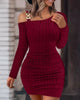 Women Knit Cold Shoulder Long Sleeve Bodycon Dress With Metal Buckle Detail Ruched Waist Slim Fit Mini Dress For Party Cl
