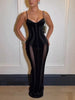Women Black Velvet Sheer Maxi Dress Sexy Chic Mesh Patchwork Off-shoulder Waist Cinching Slim Maxi Dresses Club Party Gowns