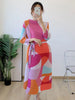 Pleated Printing Dress For Women Spring Loose Color Block Dresses With Belt Female Clothes 2D1127