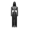 Women Sheer Dress with Hooded Face Mask Maxi High Slit Sexy Mesh Dress Long Sleeves Hollow Out Sheer Dress Cover Up Swimwear