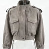 Women Faux Suede Cropped Jacket Stand Collar Snap Button Epaulet Detail Long Sleeve Loose Moto Outerwear Edgy Fall Daily Jackets