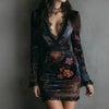 Womens Long Sleeve Velvet Floral Print Lace Trim Deep V Bodycon Mini Dress