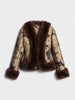 Women Vintage Floral Jacquard Faux Fur Trim Jacket V Neck Single Button Furry Cuff Cropped Coats Vintage Winter Warm Party Coat