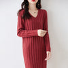 Women Pure Wool Sweater Dresses Long Sleeve Purllover 100% Merino Wool V-neck Knitwear Spring Autumn Grace Striped Dresses