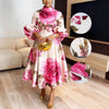 Dashiki African Dresses for Women Flower Printed Stand Collar Elegant Evening Maxi Dress Puff Sleeves Pleated Party A-Line Dress