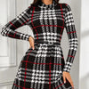 Women Autumn Winter Vintage Plaid Dress Funnel Neck Long Sleeve Elegant Mature Versatile Casual Party Midi Dress