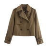Autumn Women Solid Cropped Trench Coat Vintage Double Breasted Long Sleeve Short Jacket Lapel Collar Windbreaker