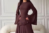 Round Neck Flared Long-Sleeve Long Gown for Women, High-Waisted with Ruffled Hem, Flowing and Elegant Floor-Length Party Evening Dress