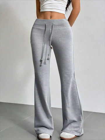 Womens Solid Color High Waist Wide Leg Pants Made of Polyester with Drawstring Closure for Casual Vacation Holiday and Fitness