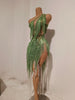 Women Sparkly Rhinestones Tassel Green One Shoulder Sexy See-Through Dress Latin Dance Outfits Bar Nightclub Party Stage Costume