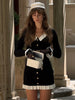 Elegant Ruffle Knitted Mini Dress Women Patchwork V Neck Long Sleeve Slim Short Dress Autumn Vintage Evening Party Vestidos