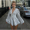 Polka Dot Puff Sleeve Dress Women's V-neck Waist Cinching Pleated Mini Dresses Spring Lady Elegant Casual Wear