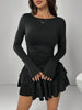 Autumn Winter Solid Color Slim Fit Cascading Ruffles Mini Dress Women Elegant Flare Sleeve High Waist Sexy Party Bodycon Dresses