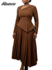 Patchwork Pleated A-Line Mid Dress for Women Long Sleeve Diagonal Collar Office Dresses Female Vacation African Robe
