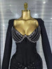 Women Long Sleeve Square Collar Shinning Diamond Bodycon Long Bandage Dress Elegant Evening Party Celebrate Outfit