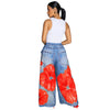 Women Fake Denim 3D floral Print Loose Wide Leg Jogger Pants Streetwear Active Hip Hop Sweatpants Trousers