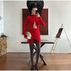 Solid Cinched-waist Mini Dress Women Casual V-neck Full Sleeve Shoulder Pads A-line Vestidos Lady Chic Party Street Gowns