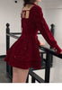 Women's Slim Fit A-line Velvet Dress Christmas Clothes Square Collar Long-sleeved Red Sweet Girl Autumn Winter