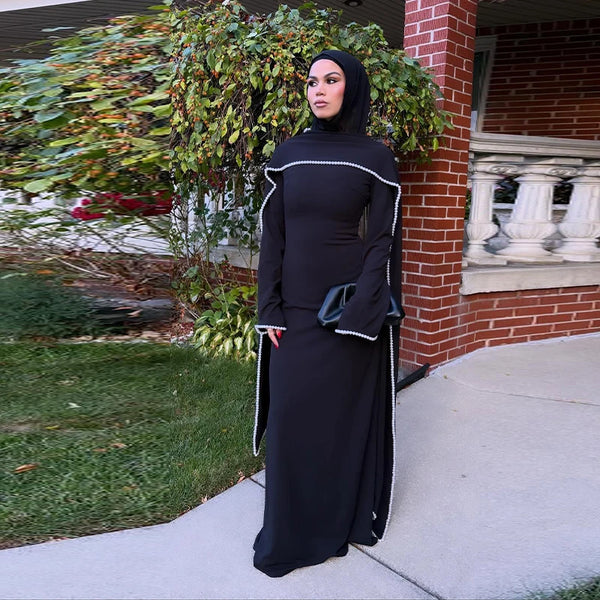 White Pearl Trim Cape Maxi Dress Women Elegant Long Sleeve Cinching Waist Muslim Robes Spring Eid Abaya Lady Dresses