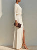 Women Elegant Solid Maxi Dress Long Sleeve O Neck Ruched Waist High Side Slit Slim Dress Casual Party Evening Long Dresses