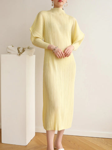 Pleats Batwing Sleeve Pleated Long Dress Korean High Causal Elegant Women Designer Clothing