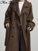 Casual Woolen Women Coat Doube-Breasted Turn-Down Collar Long Sleeve Female Coats Autumn Winter Chic Lady Outwear
